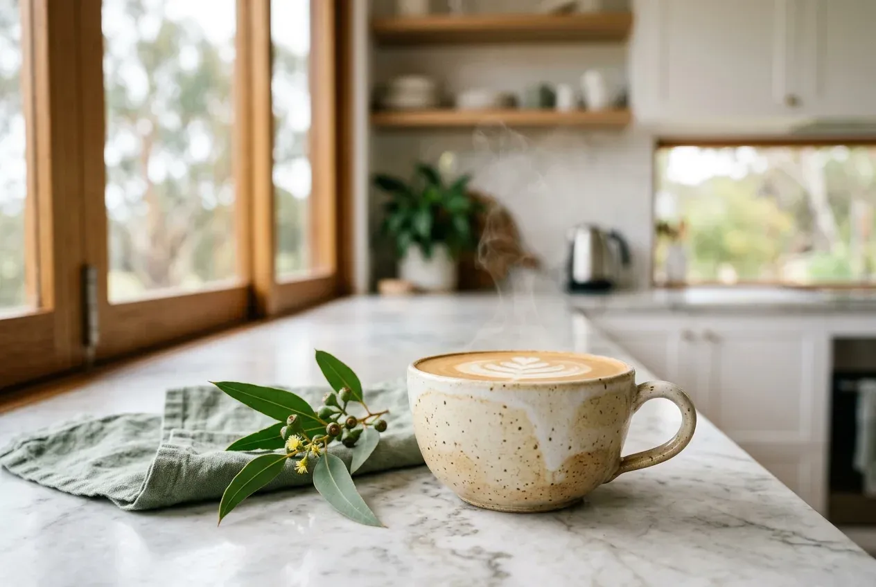 A fresh coffee on the kitchen bench