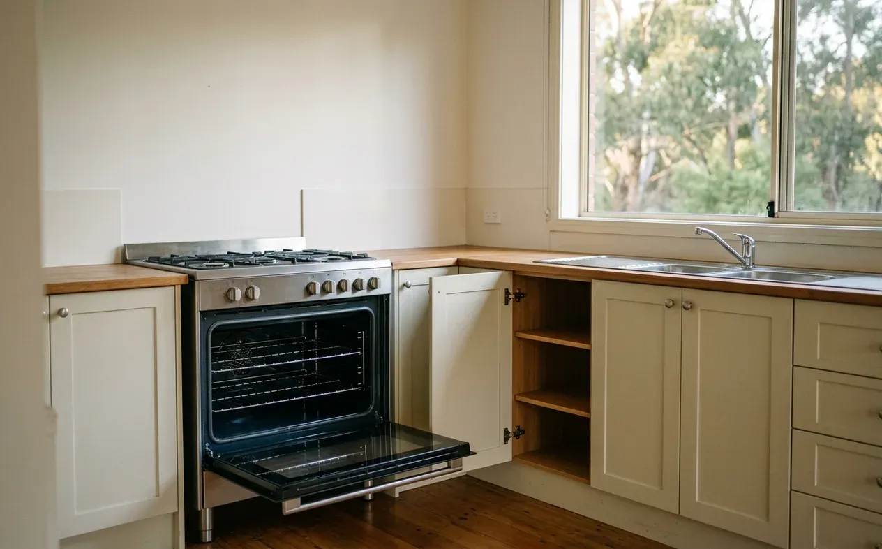 A kitchen after an end of lease clean, the oven door open on a clean interior and the window sill and tracks wiped out