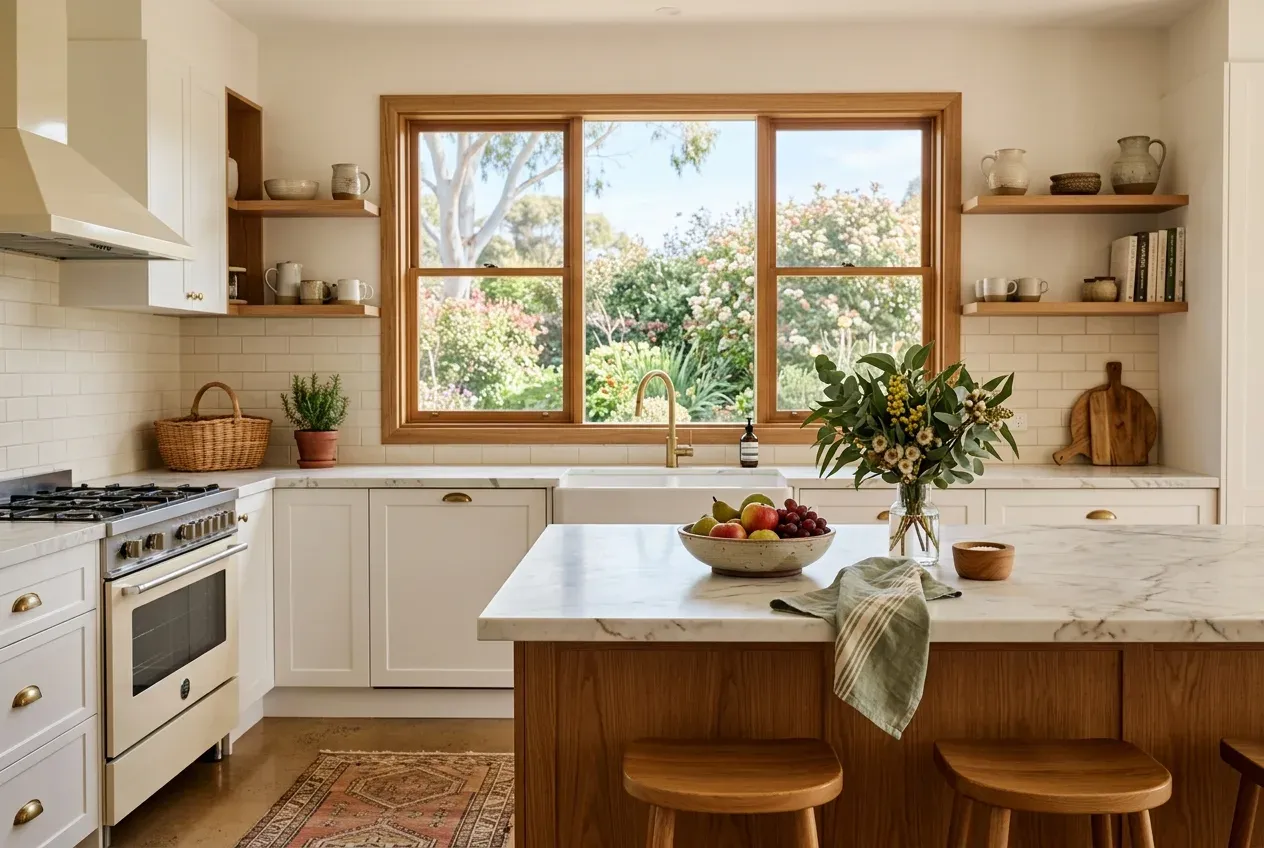 A bright, sunlit kitchen in a Macedon Ranges family home